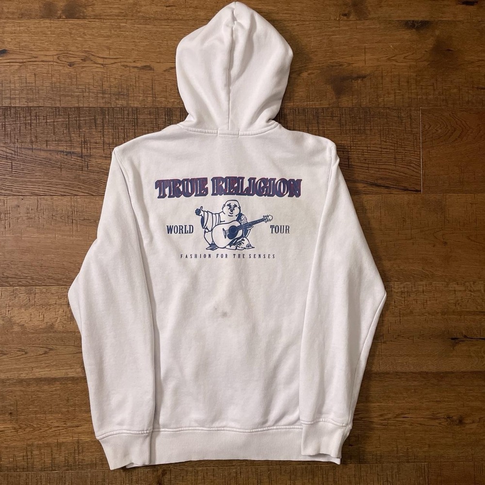 True Religion Zip Up Hoodie Womens M White Grunge Buddha World Tour Graphic